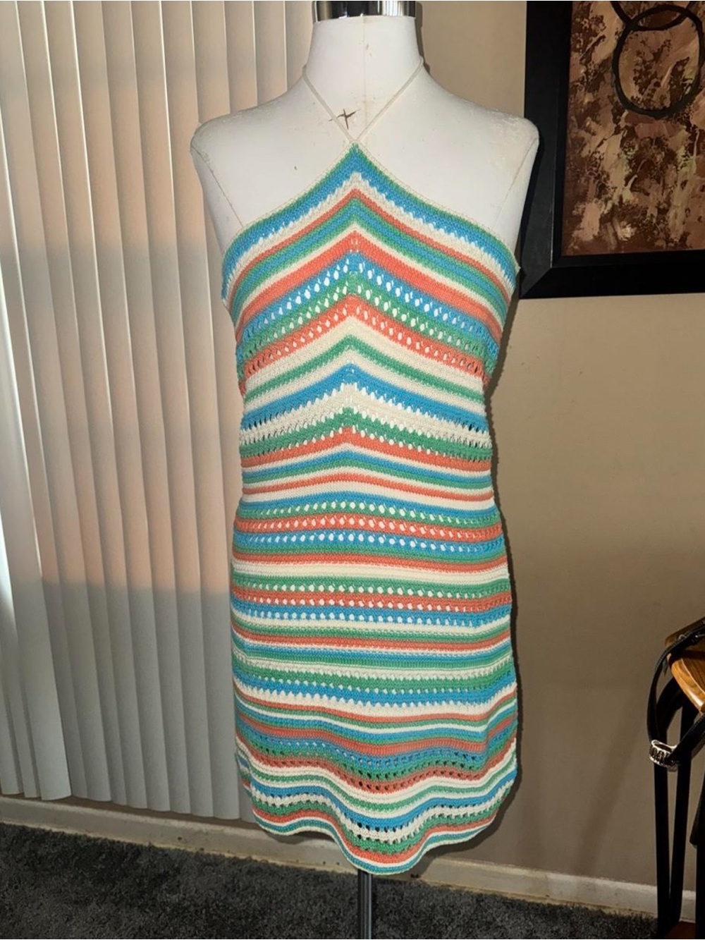 Striped Crochet Halter Mini Dress in Teal, Coral & Cream